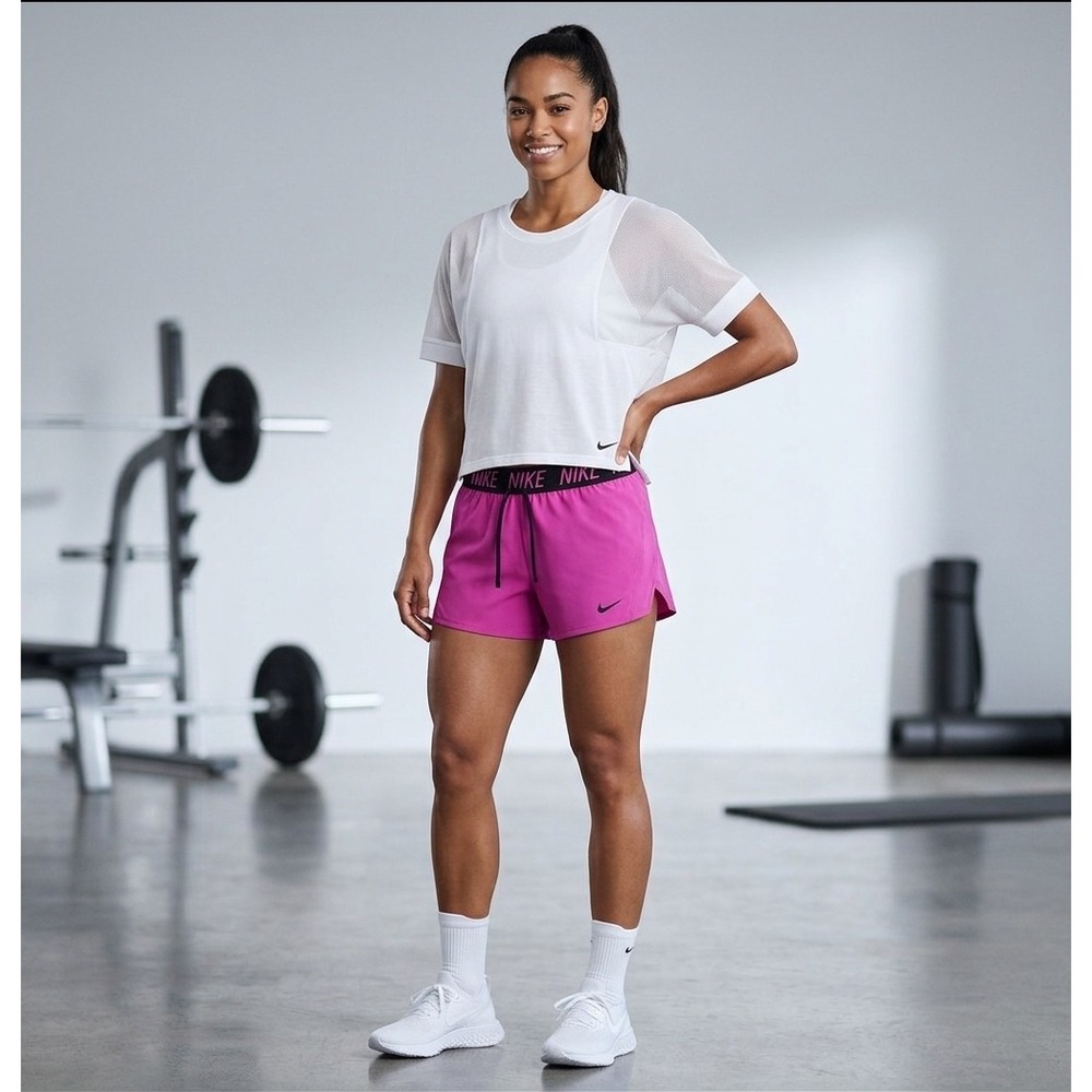 Nike Womens 2 Piece Activewear Set White Mesh Crop Top Magenta Pink Shorts